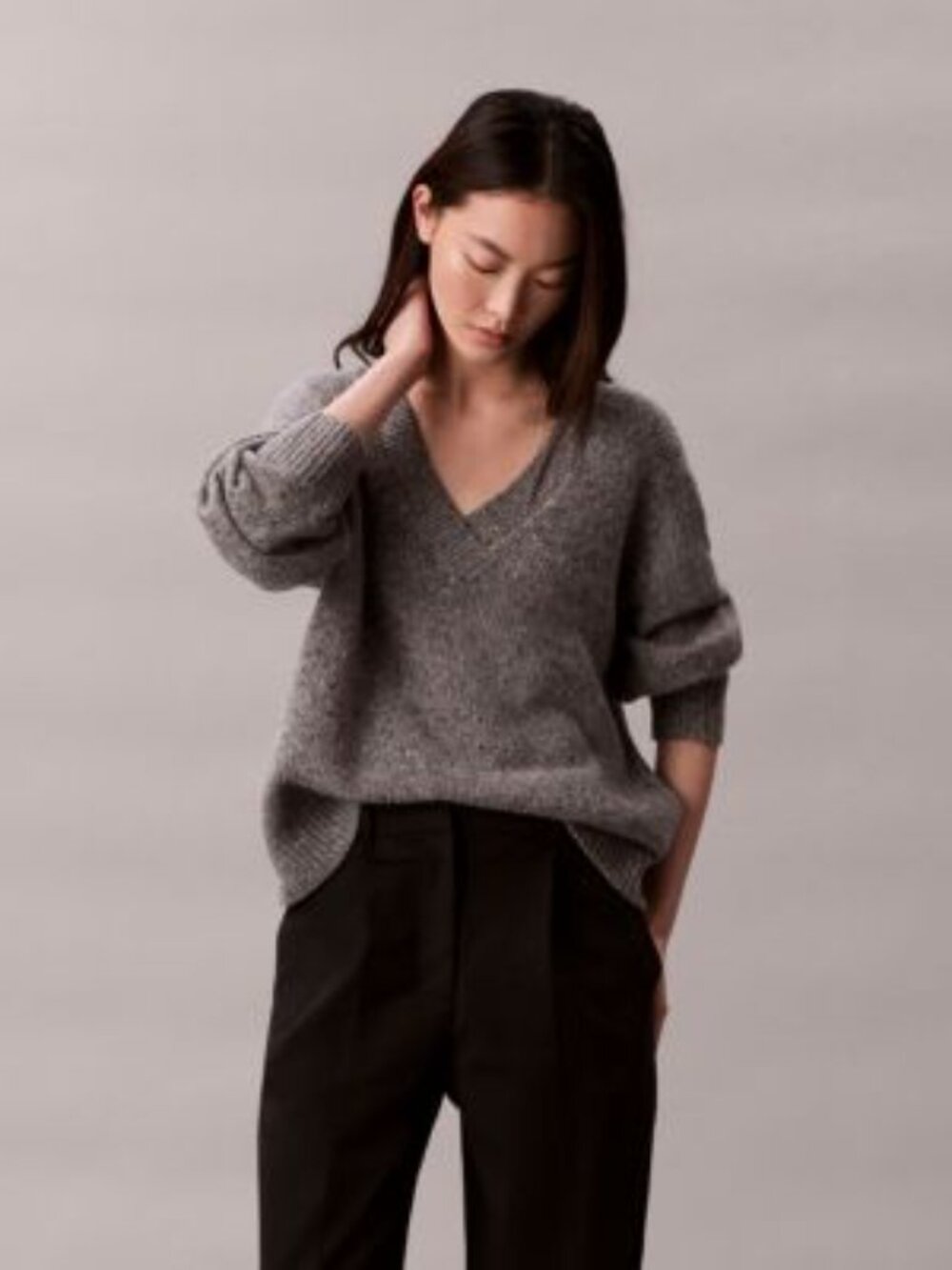 Calvin Klein Chunky Relaxed V-Neck Jumper in Grey